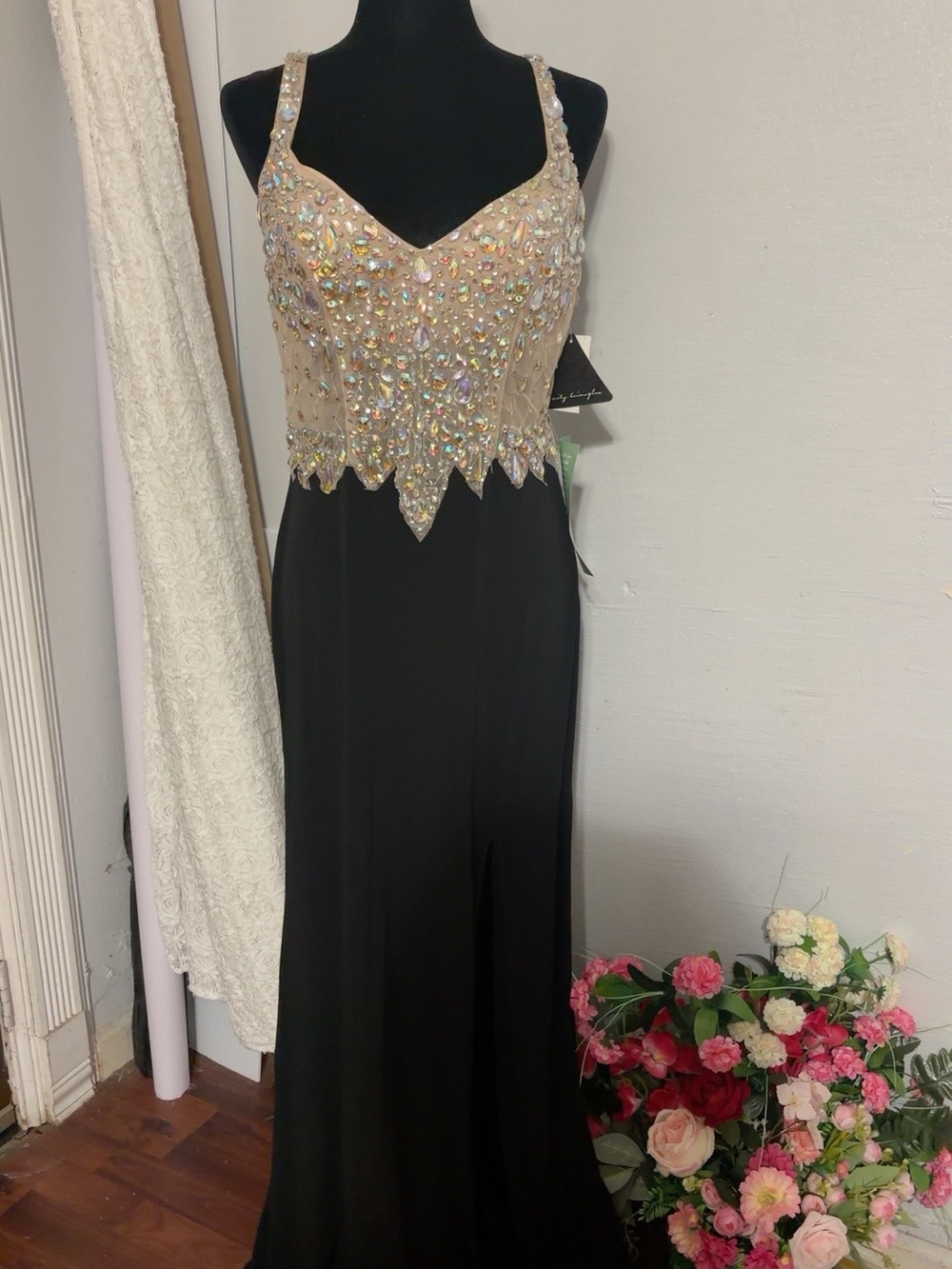 City Triangles Black and Champagne Beaded Evening Gown